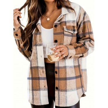 Plaid Print Shacket Jacket, Casual Button Front Long Sleeve Outerwear, Women's Clothing