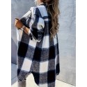 Plaid Print Long Length Jacket, Casual Button Front Flap Pockets Outwear, Women's Clothing