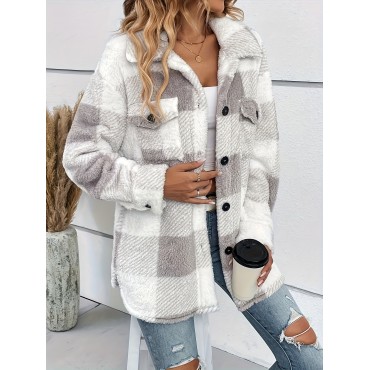 Plaid Fuzzy Fall & Winter Jacket, Casual Button Front Long Sleeve Outerwear, Women's Clothing