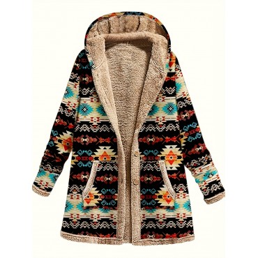 Geo Print Button Front Jacket, Casual Long Sleeve Hooded Jacket With Pockets For Fall & Winter, Women's Clothing