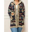 Geo Print Button Front Jacket, Casual Long Sleeve Hooded Jacket With Pockets For Fall & Winter, Women's Clothing