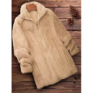 Zip Up Solid Teddy Coat, Casual Long Sleeve Winter Outerwear, Women's Clothing