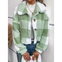 Plaid Pattern Button Front Teddy Coat, Versatile Long Sleeve Winter Thermal Outwear, Women's Clothing