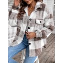 Plaid Fuzzy Fall & Winter Coat, Casual Button Front Long Sleeve Warm Outerwear, Women's Clothing