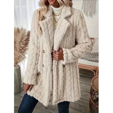 Double-breasted Plush Textured Coat, Thermal Notched Collar Long Sleeve Teddy Bear Coat, Women's Clothing