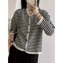 Striped Print Button Front Jacket, Casual V Neck Long Sleeve Outerwear For Spring & Summer, Women's Clothing