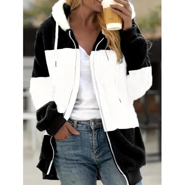 Color Block Hooded Fall & Winter Jacket, Casual Zip Up Drawstring Fuzzy Outerwear, Women's Clothing