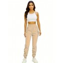 Ruched Solid Cargo Pants, Elegant High Waist Drawstring Pants With Pockets, Women's Clothing