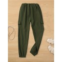 Y2K Solid Drawstring Cargo Pants, Casual Elastic Waist Long Length Pants With Pockets, Women's Clothing