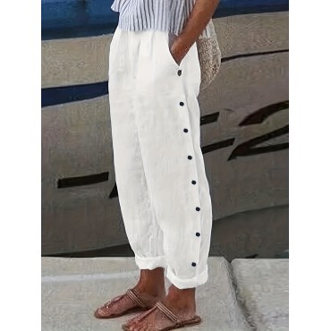 Side Button Solid Pants, Casual Simple Wide Leg Pants, Women's Clothing