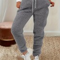 Solid Fuzzy Jogger Pants, Casual Drawstring Waist Warm Pants With Pocket, Women's Clothing