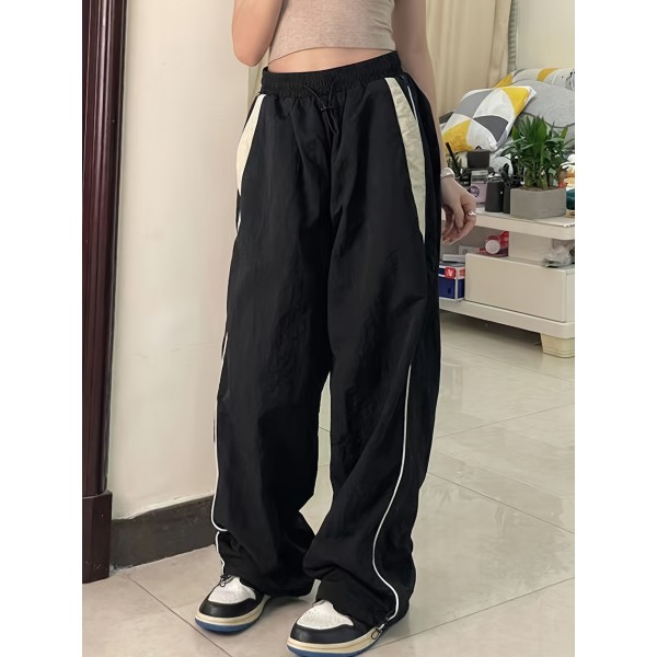 Color Block Cargo Pants, Y2K Drawstring Elastic Waist Wide Leg Pants, Women's Clothing