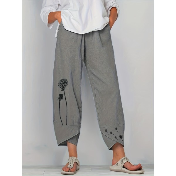 Boho Dandelion Print Harem Pants, Casual High Waist Baggy Summer Cropped Pants, Women's Clothing