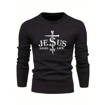 Jesus Saved My Life Print All Match Knitted Sweater, Men's Casual Warm Mid Stretch Crew Neck Pullover Sweater For Men Fall Winter