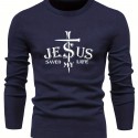 Jesus Saved My Life Print All Match Knitted Sweater, Men's Casual Warm Mid Stretch Crew Neck Pullover Sweater For Men Fall Winter