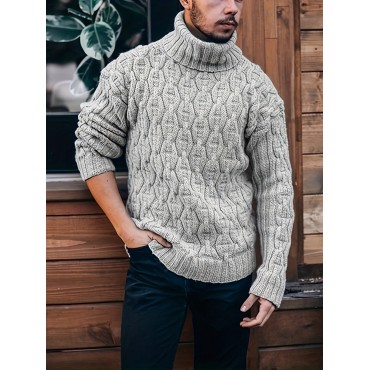 Turtle Neck Knitted Sweater, Men's Casual Warm Solid Mid Stretch Pullover Sweater For Fall Winter