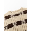 Preppy Stripes Pattern Knitted Sweater, Men's Loose Casual Warm Mid Stretch Crew Neck Pullover Sweater For Men Fall Winter