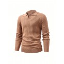 Solid Chic Knit Shirt, Men's Casual Lapel Slightly Stretch V-Neck Pullover Sweater For Autumn Winter