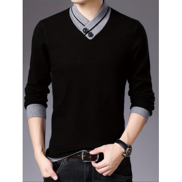 All Match Knitted Slim Sweater, Men's Casual Warm Slightly Stretch Shawl Collar Pullover Sweater For Men Fall Winter