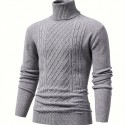 Turtle Neck Knitted Cable Sweater, Men's Casual Warm Solid High Stretch Pullover Sweater For Fall Winter