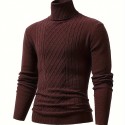 Turtle Neck Knitted Cable Sweater, Men's Casual Warm Solid High Stretch Pullover Sweater For Fall Winter