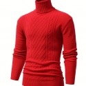 Turtle Neck Knitted Cable Sweater, Men's Casual Warm Solid High Stretch Pullover Sweater For Fall Winter