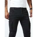 Slim Fit Cargo Jeans, Men's Casual Street Style Multi Pocket High Stretch Denim Pants For Spring Summer