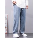 Classic Design Distressed Jeans, Men's Casual Drawstring Regular Fit Denim Pants For All Seasons