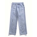 Embroidery Loose Ripped Cotton Blend Jeans, Men's Casual Street Style Distressed Denim Pants For Spring Summer