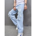 Men's Straight Leg Jeans, Casual Street Style Raw Trim Denim Pants With Pockets