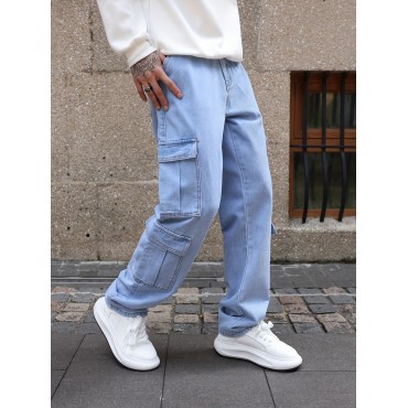 Men's Multi Pocket Jeans, Casual Loose Fit Straight Leg Jeans