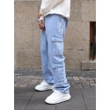 Men's Multi Pocket Jeans, Casual Loose Fit Straight Leg Jeans