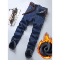 Men's Classic Design Warm Thick Jeans, Semi-formal Stretch Jeans For Business