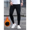 Men's Casual Fleece Lined Jeans, Street Style Medium Stretch Skinny Jeans