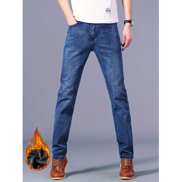 Warm Fleece Straight Leg Jeans For Business, Men's Semi-formal Denim Pants For Fall Winter