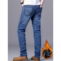 Warm Fleece Straight Leg Jeans For Business, Men's Semi-formal Denim Pants For Fall Winter