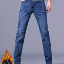 Warm Fleece Straight Leg Jeans For Business, Men's Semi-formal Denim Pants For Fall Winter