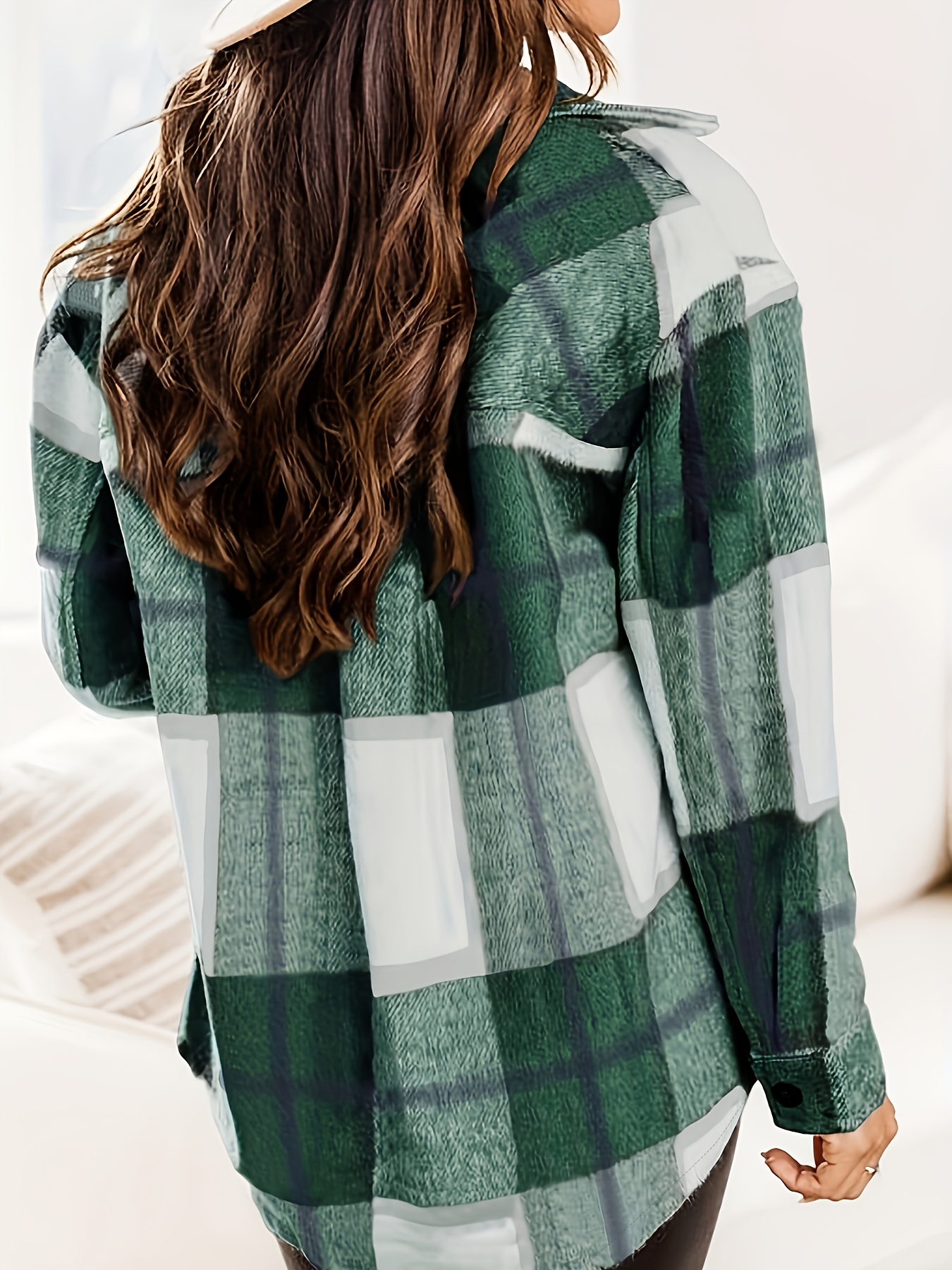 plaid print shacket jacket casual button front long sleeve outerwear womens clothing details 6