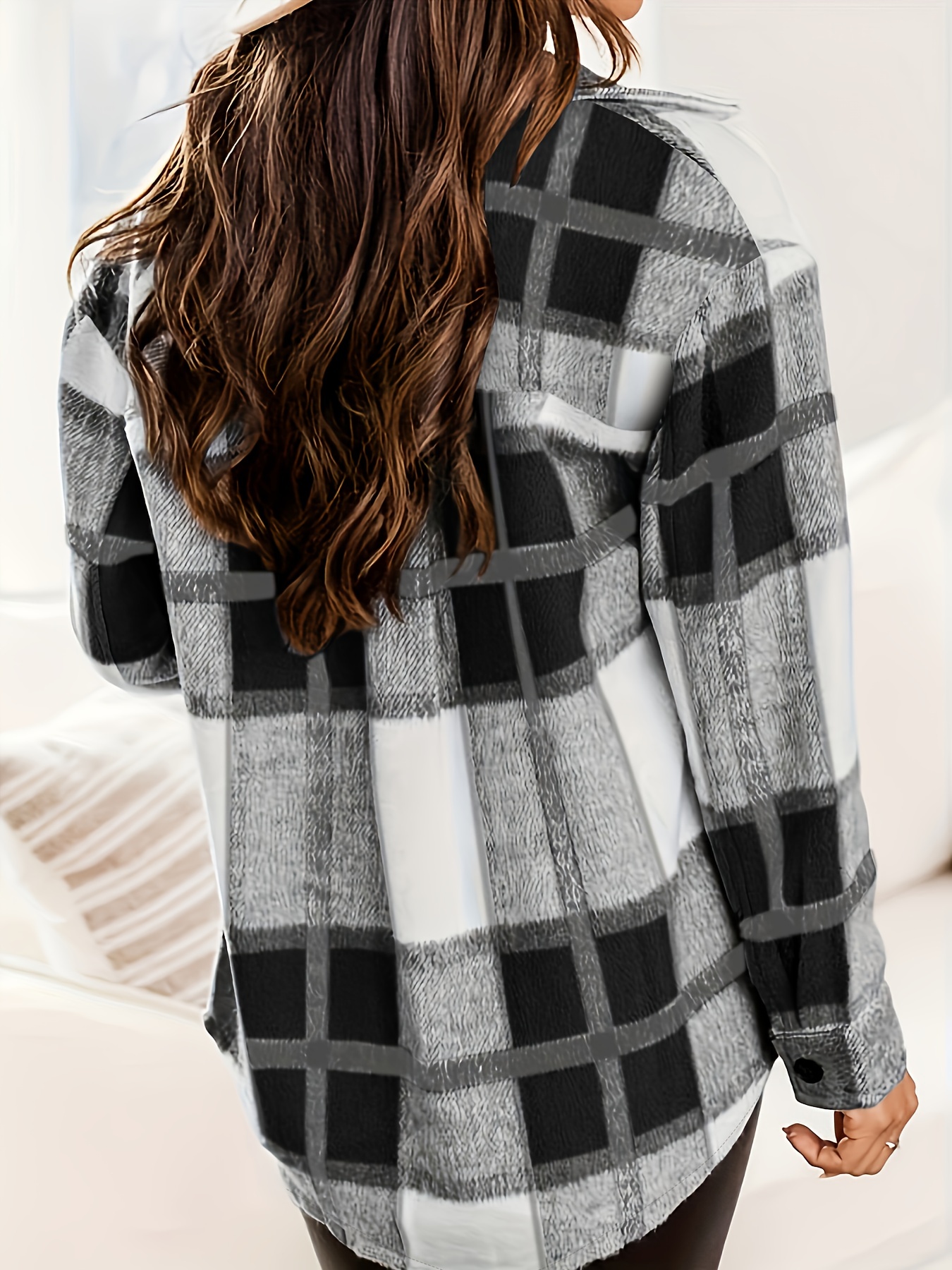 plaid print shacket jacket casual button front long sleeve outerwear womens clothing details 11