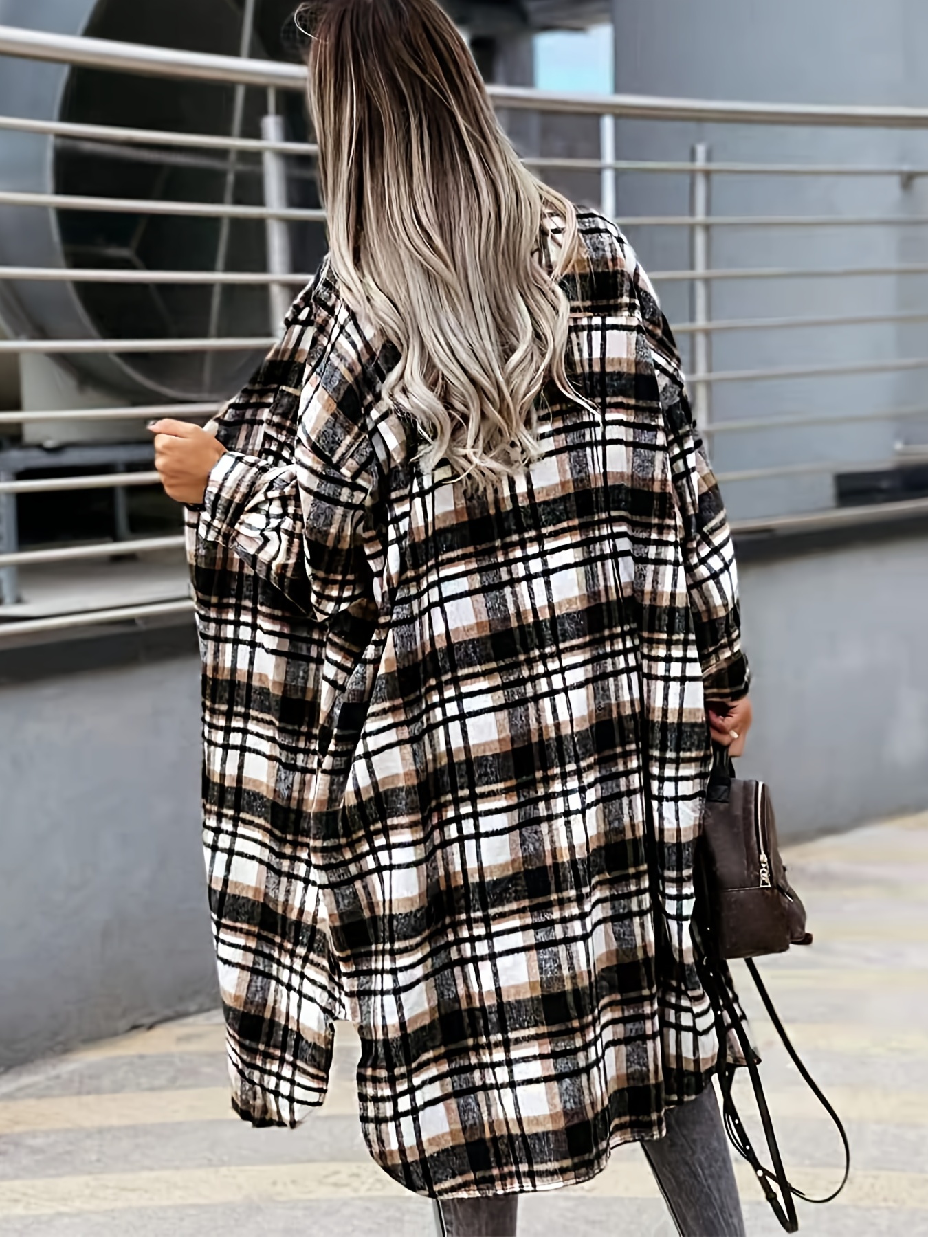 plaid print long length jacket casual button front flap pockets outwear womens clothing details 5