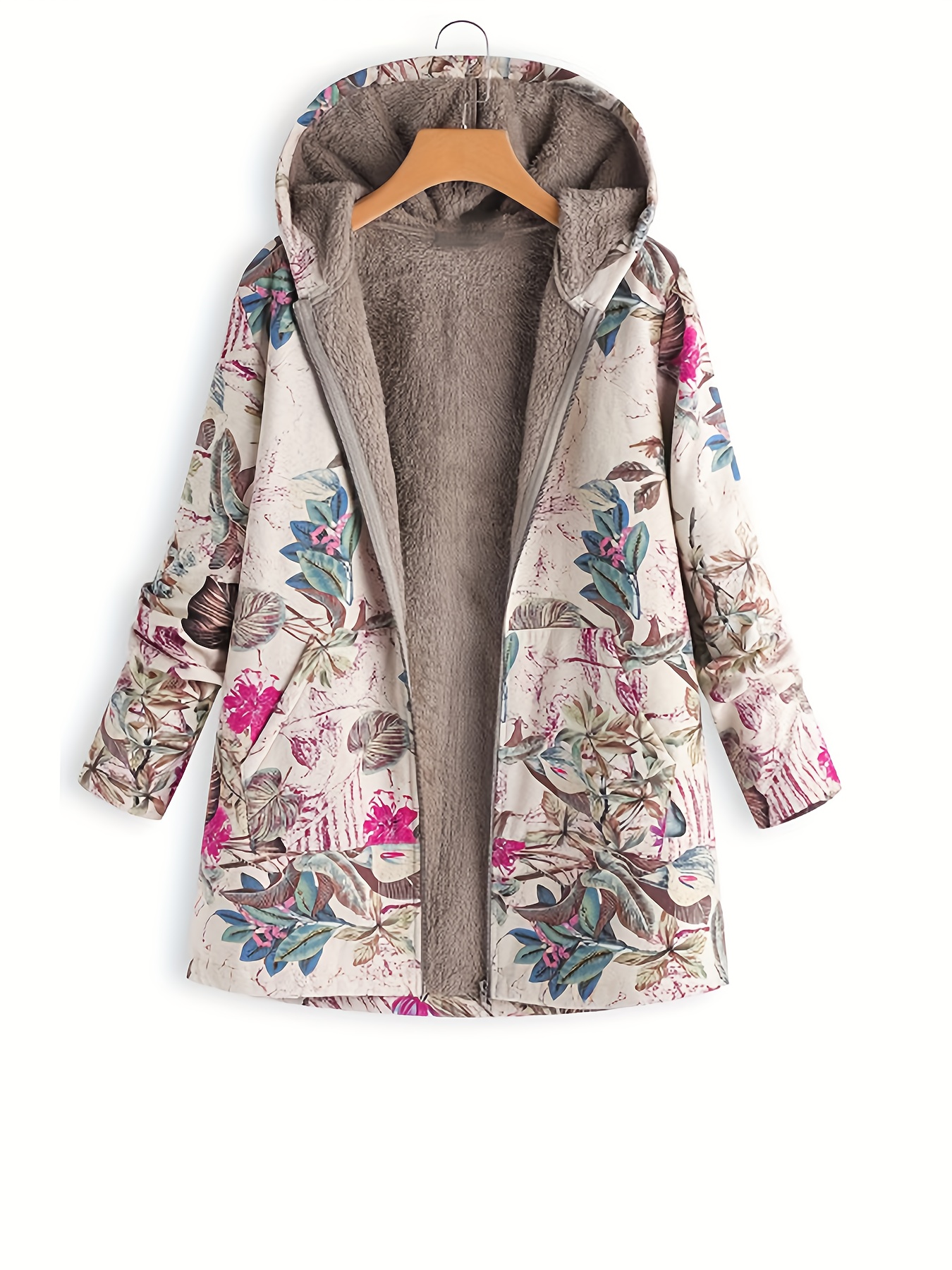 floral hooded fall winter jacket casual open front long sleeve outerwear womens clothing details 0