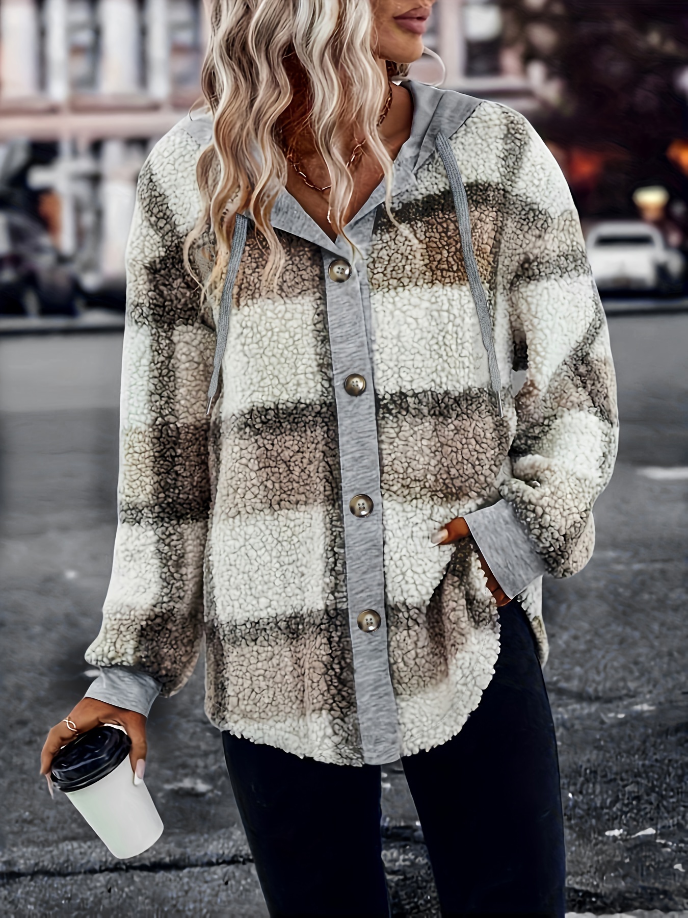 plaid pattern hooded coat casual button front drawstring long sleeve outerwear womens clothing details 3