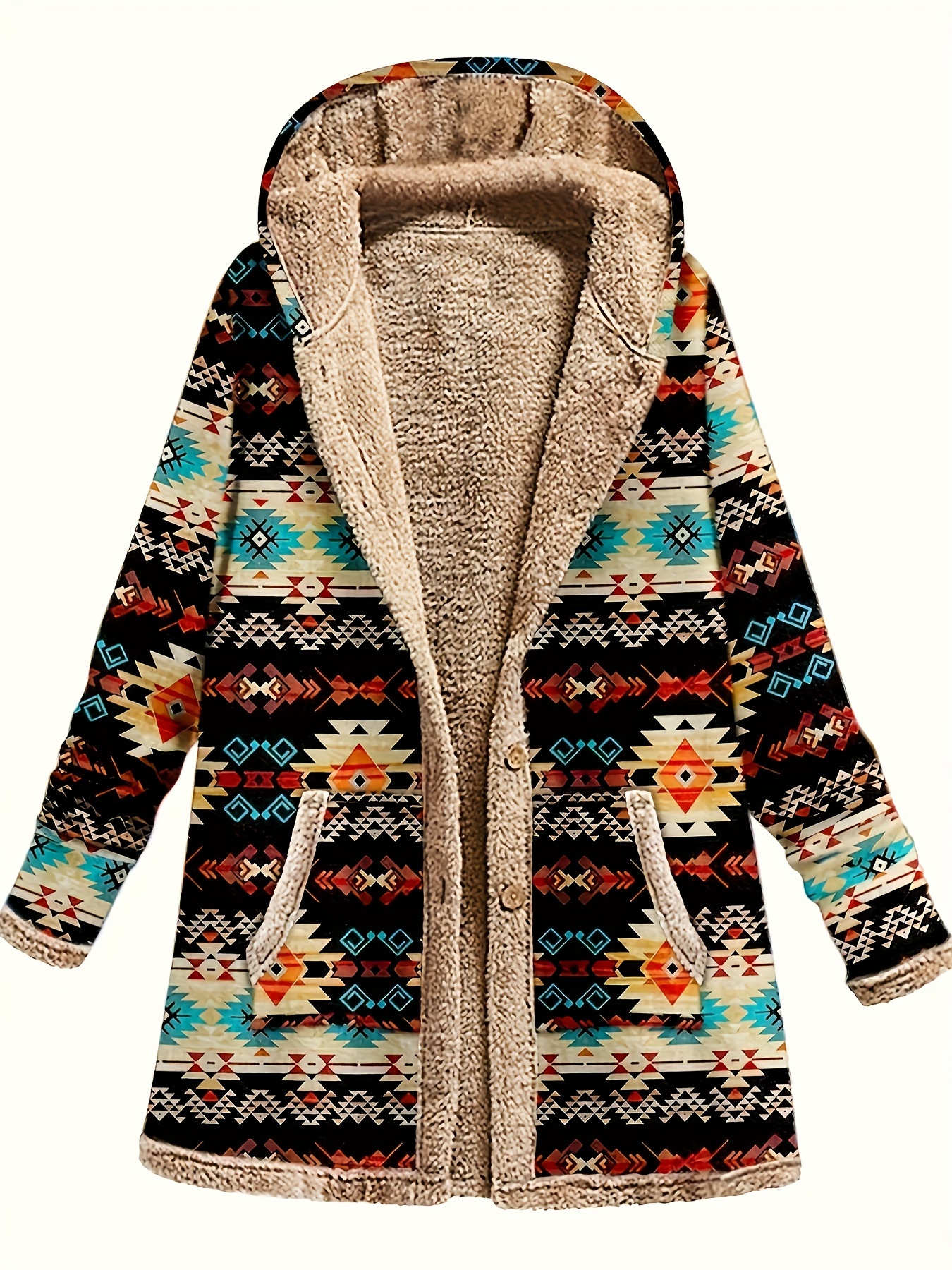 geo print button front jacket casual long sleeve hooded jacket with pockets for fall winter womens clothing details 0