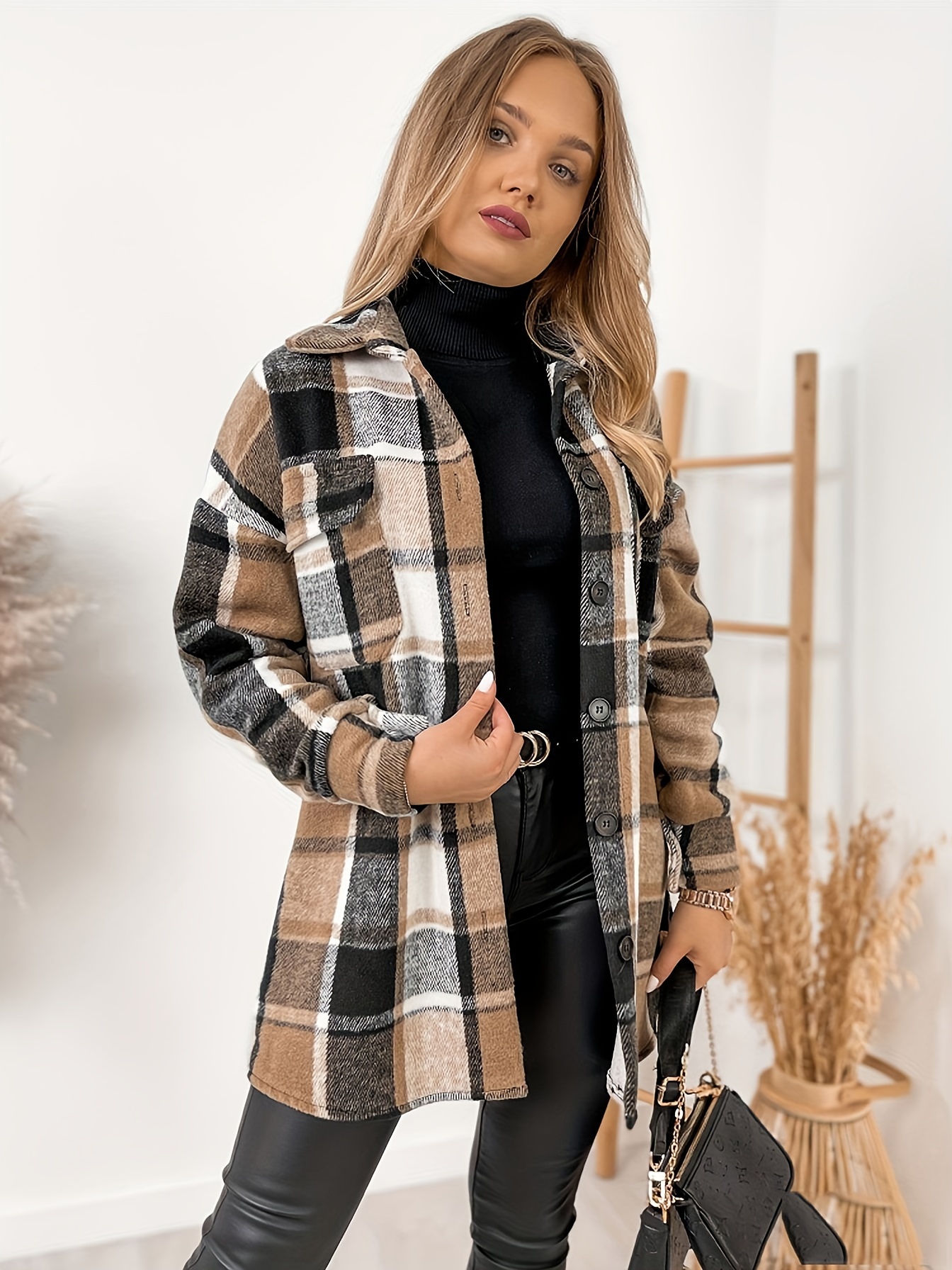 plaid print shacket jacket casual button front long sleeve pocket outerwear womens clothing details 5