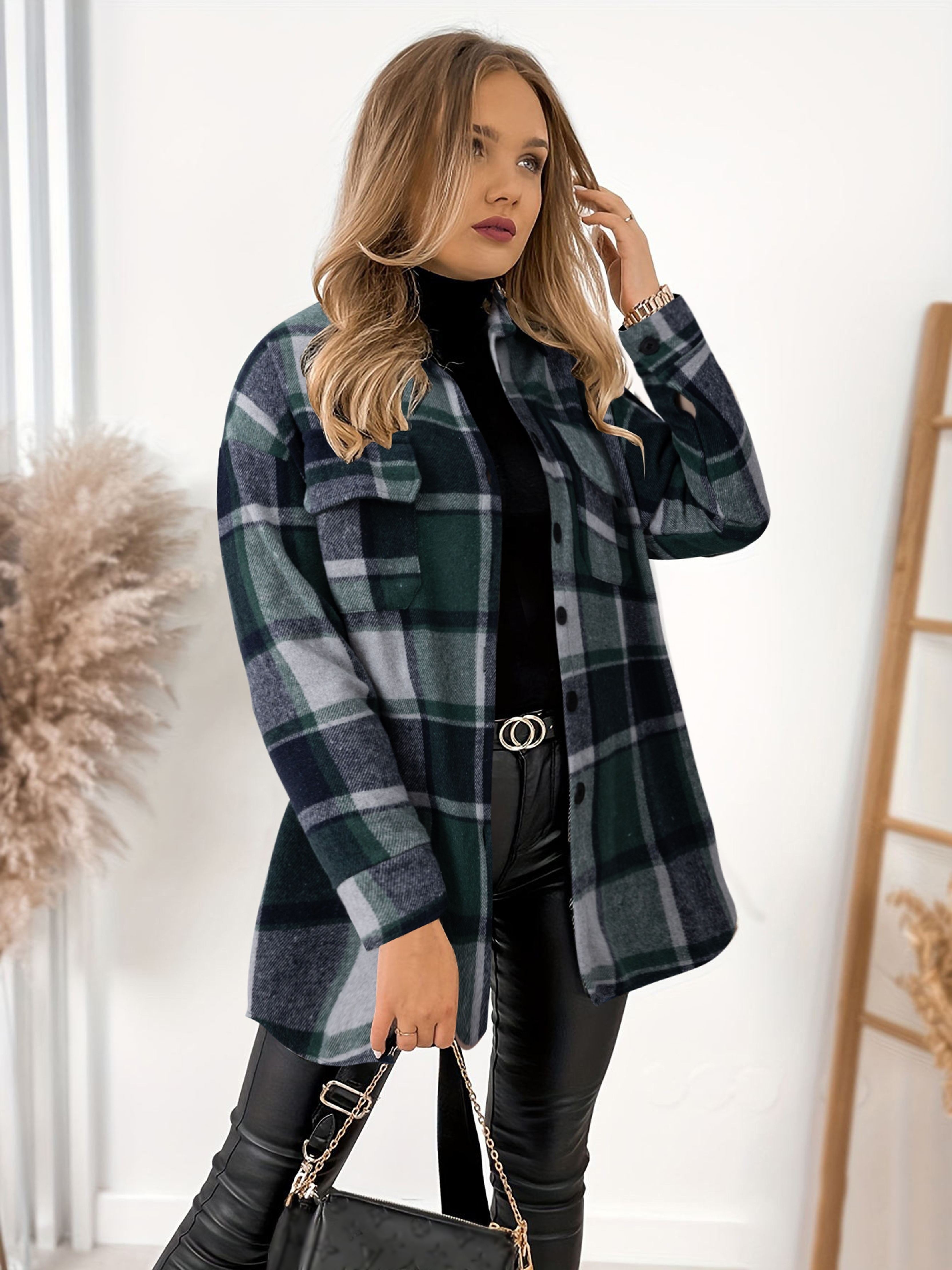 plaid print shacket jacket casual button front long sleeve pocket outerwear womens clothing details 10