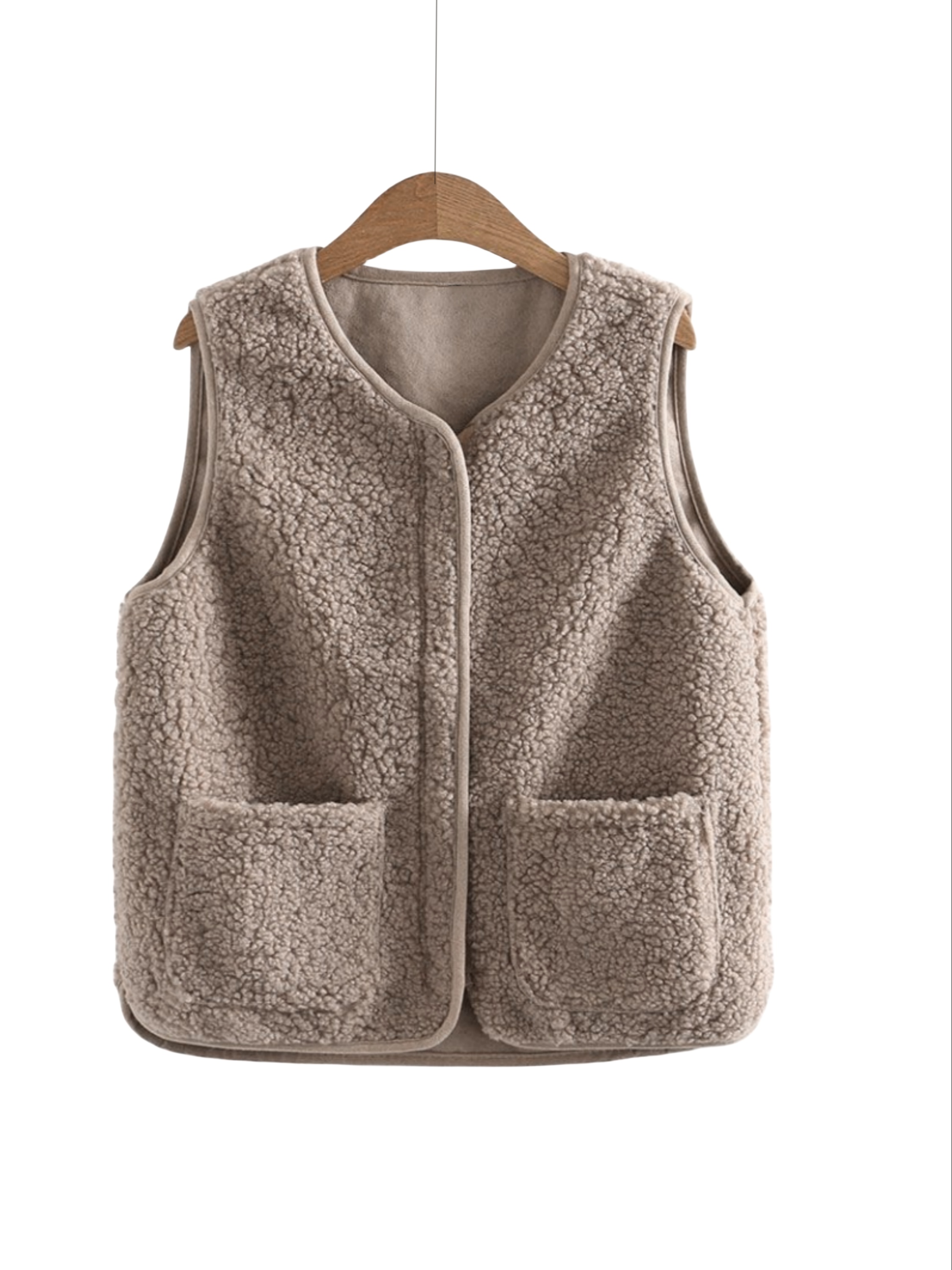 solid zipper patched pockets teddy vest versatile sleeveless warm outwear for fall winter womens clothing details 9