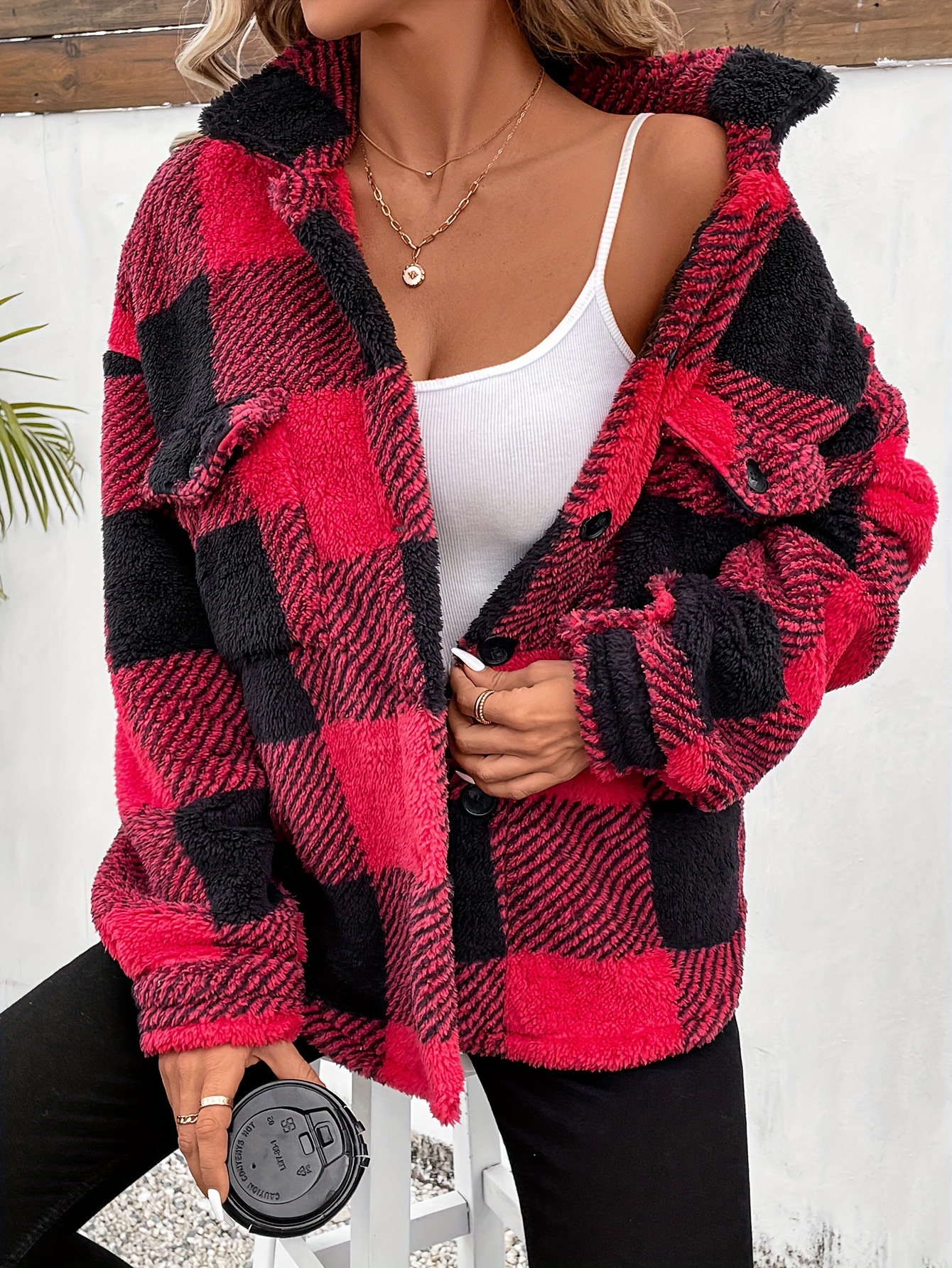 coat, plaid fuzzy fall winter coat casual button front long sleeve warm outerwear womens clothing details 13