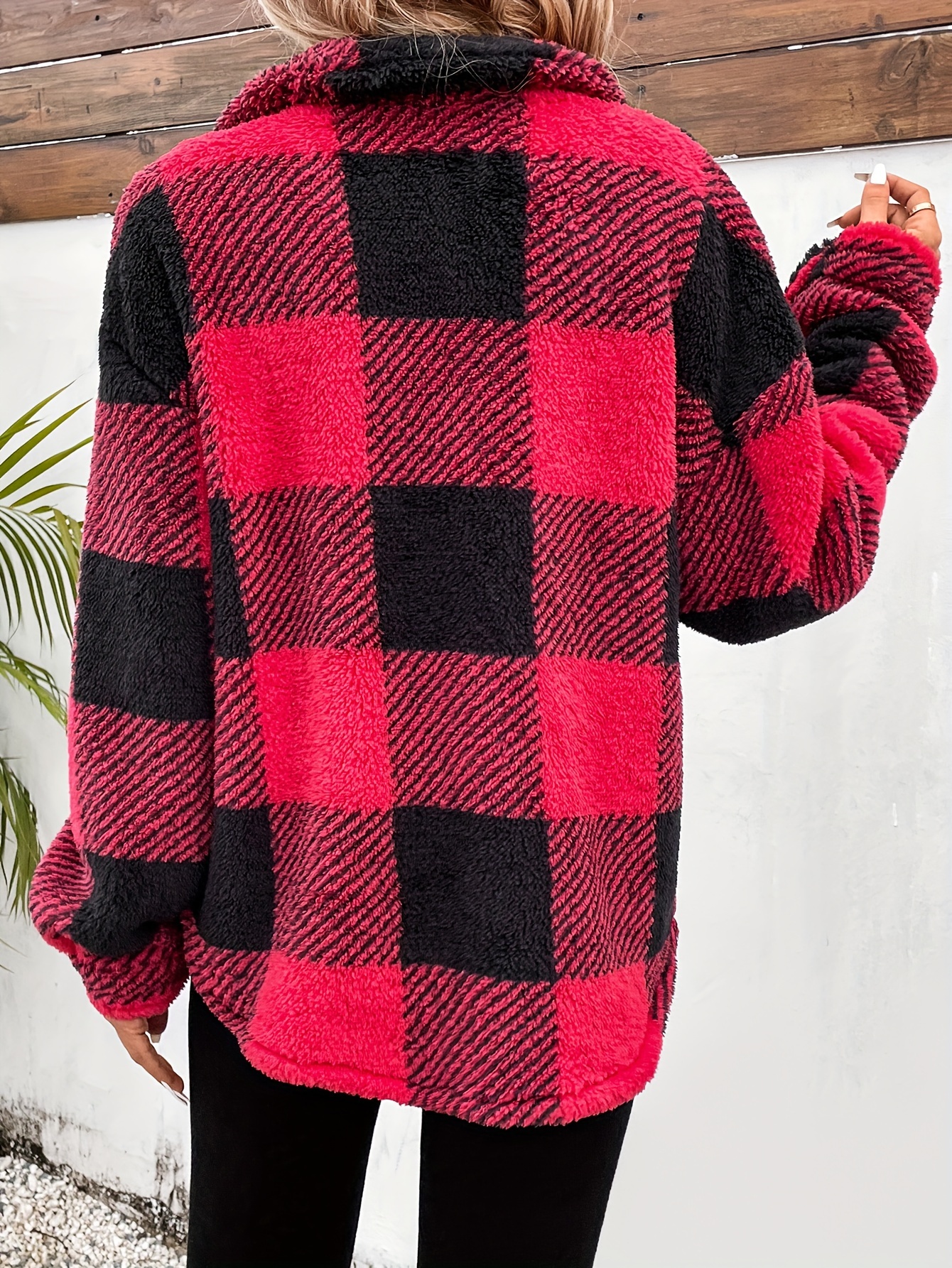 coat, plaid fuzzy fall winter coat casual button front long sleeve warm outerwear womens clothing details 15