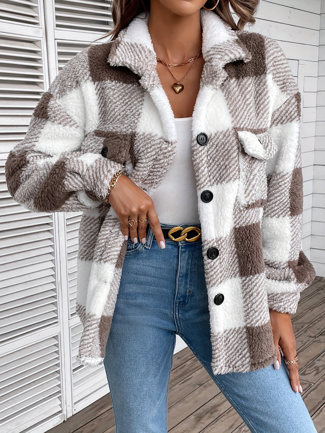 coat, plaid fuzzy fall winter coat casual button front long sleeve warm outerwear womens clothing details 21