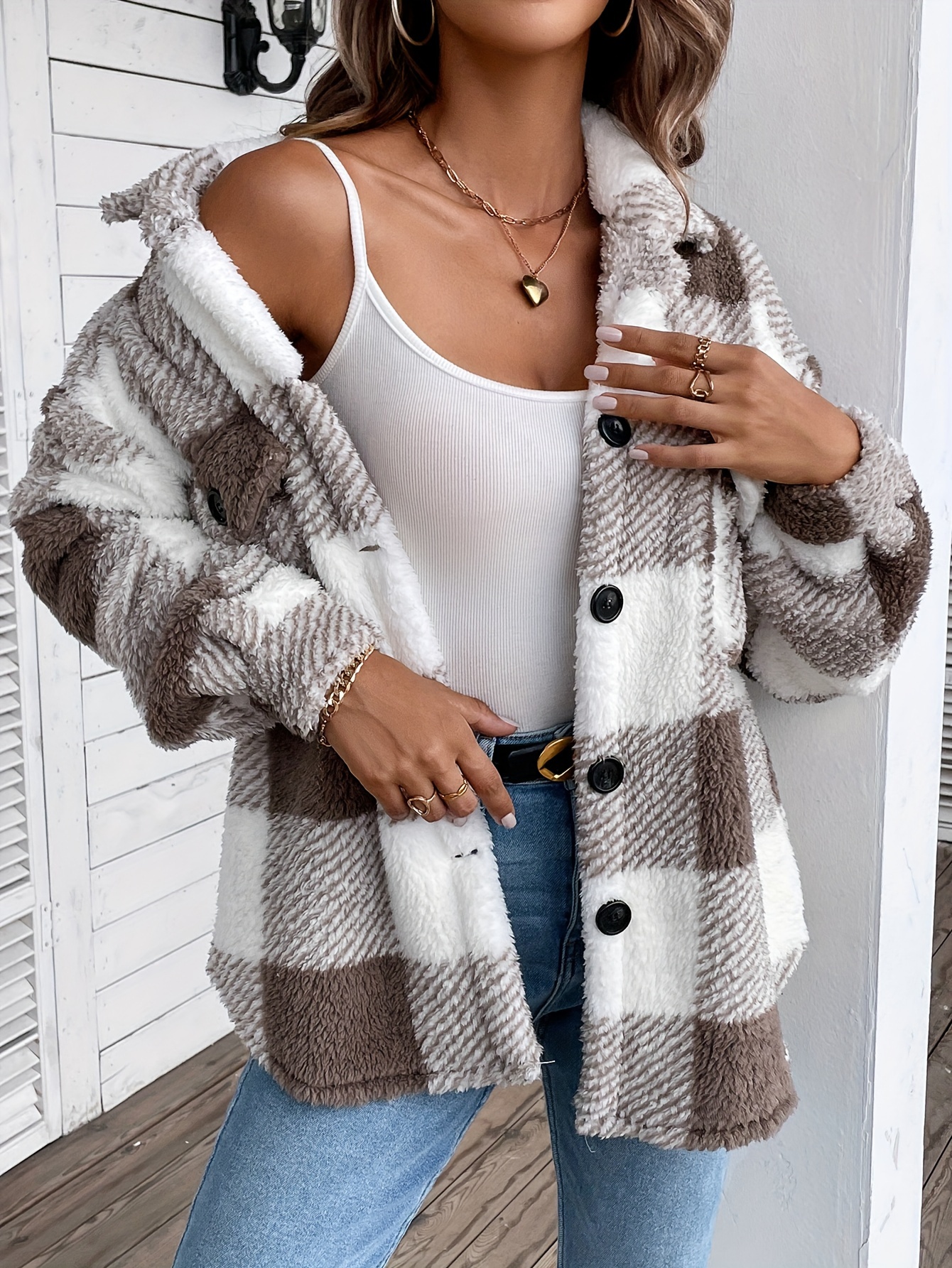 coat, plaid fuzzy fall winter coat casual button front long sleeve warm outerwear womens clothing details 23